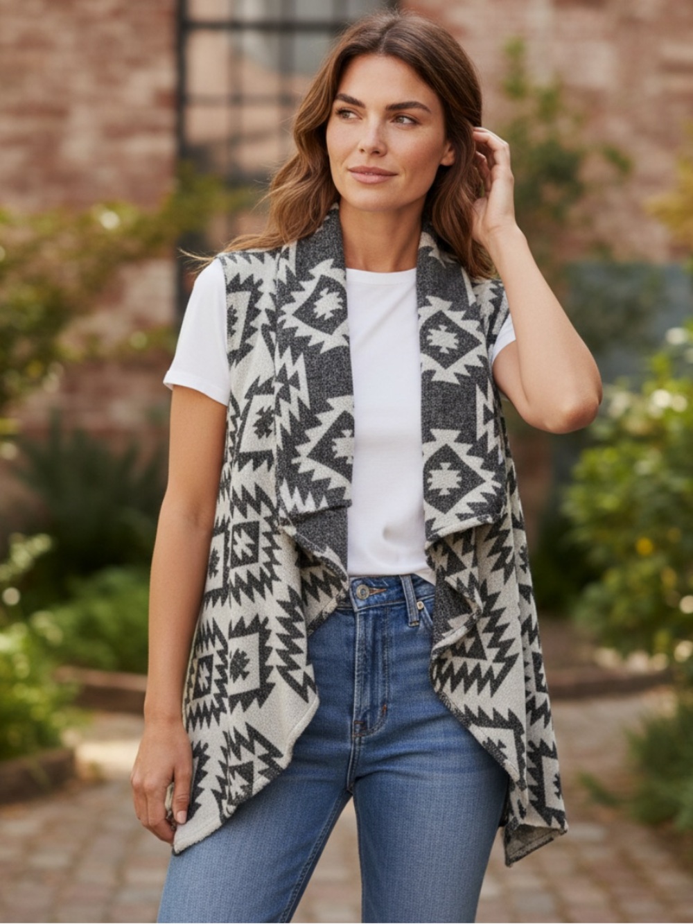 Women’s ME JANE Southwest Inspired Print Open Vest Small Black White